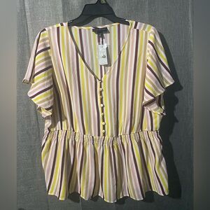 Lane Bryant Plus Size 18 (1X) Striped Button V-neck Blouse Flutter Sleeve NWT